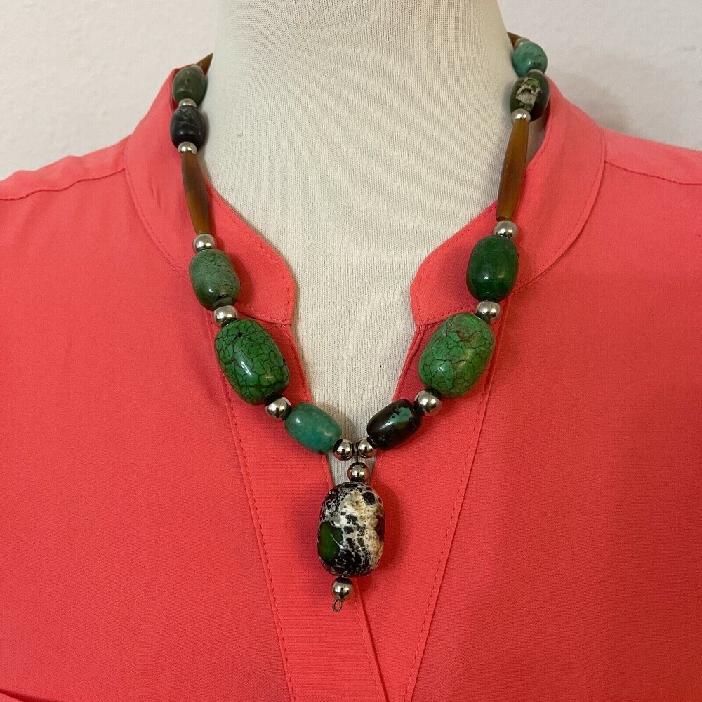 Green‎ Brown Stones Silver-tone Beaded Women's Fashion Necklace
